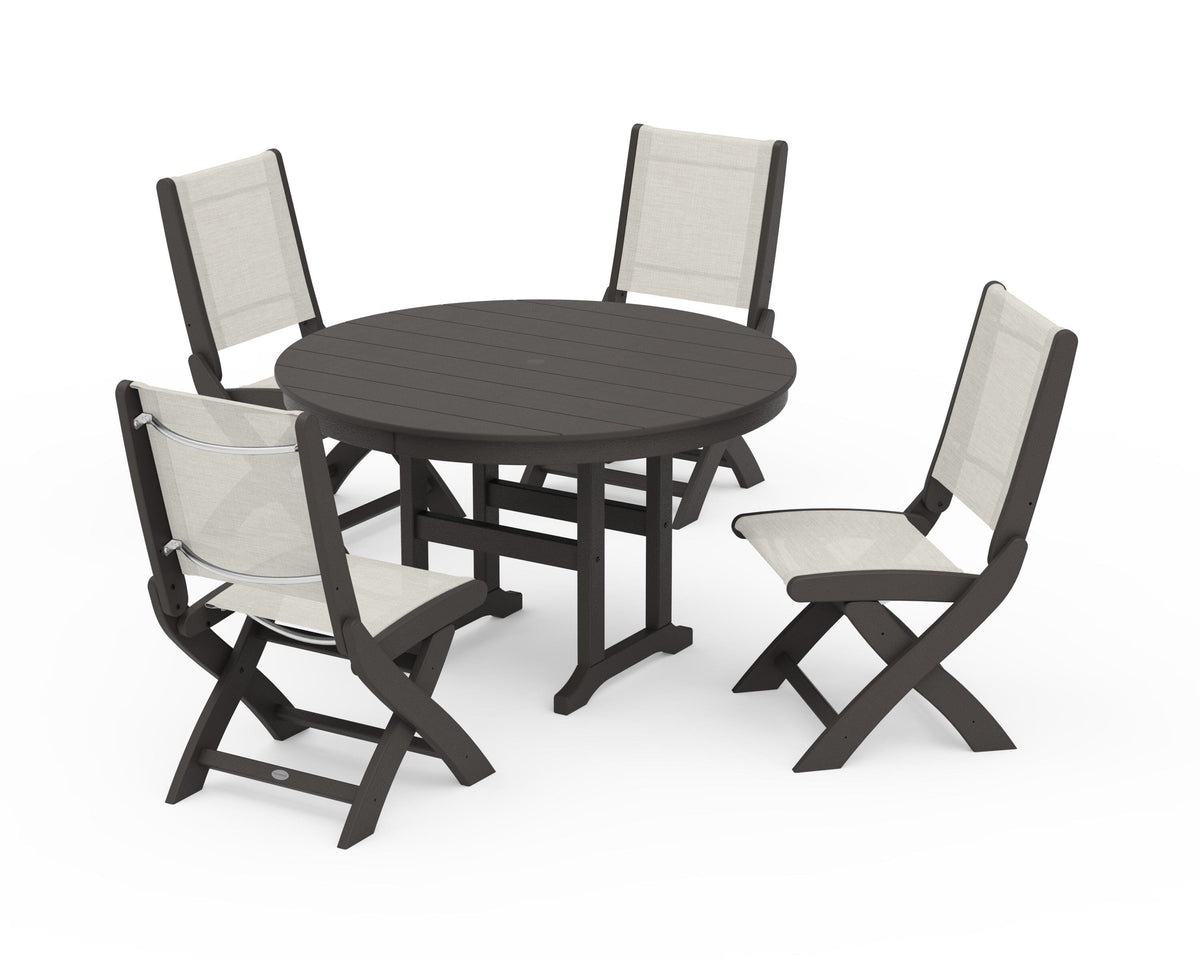 POLYWOOD Coastal Folding Side Chair 5-Piece Round Dining Set in Vintage Coffee / Parchment