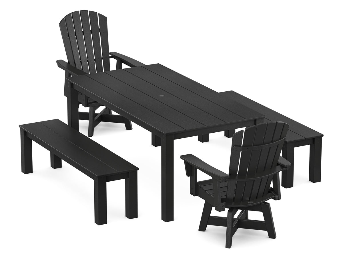 POLYWOOD Nautical Curveback Adirondack Swivel 5-Piece Parsons Dining Set with Benches in Black