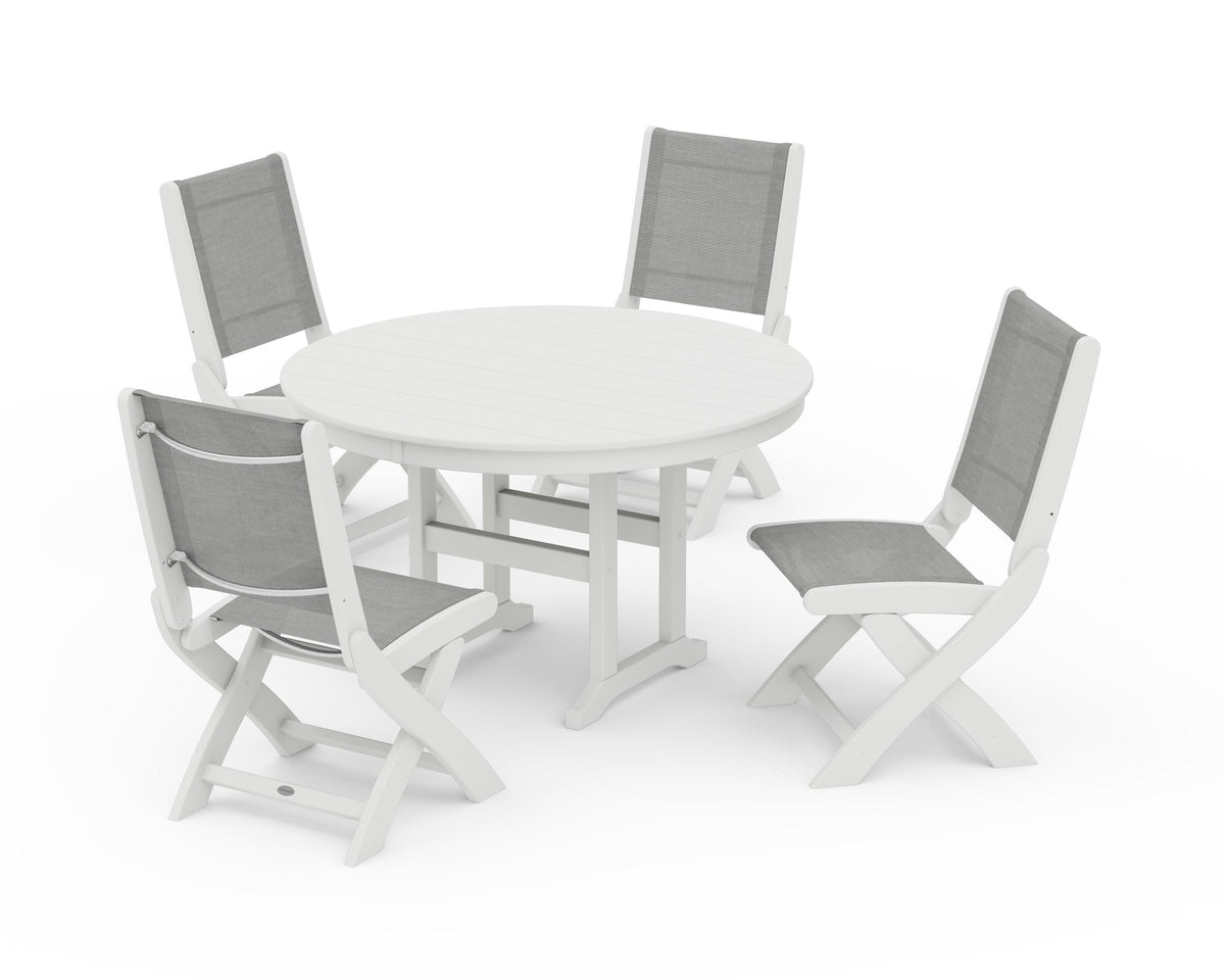 POLYWOOD Coastal Folding Side Chair 5-Piece Round Dining Set in Vintage White / Metallic