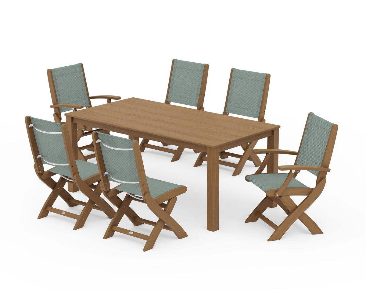 POLYWOOD Coastal Folding Chair 7-Piece Parsons Dining Set with Coastal Folding Side Chair in Natural / Dupioni Sea Mist