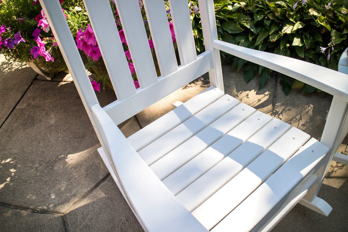 Detail photo of the POLYWOOD Vineyard 3-Piece Rocking Chair Set with South Beach 18" Side Table in White