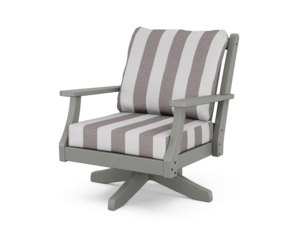 POLYWOOD Wovendale Deep Seating Swivel Chair in Slate Grey / Cabana Stripe Grey Mist