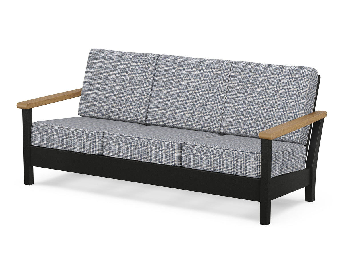 POLYWOOD Harbour Deep Seating Sofa in Black / Natural / Houndstooth Sky Blue
