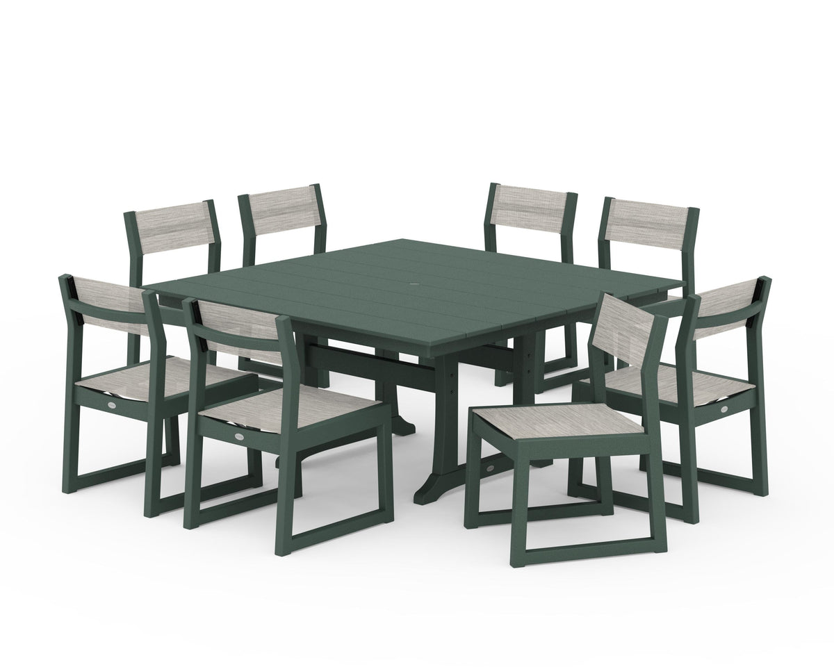 POLYWOOD EDGE Sling Side Chair 9-Piece Farmhouse Trestle Dining Set in Green / Birch