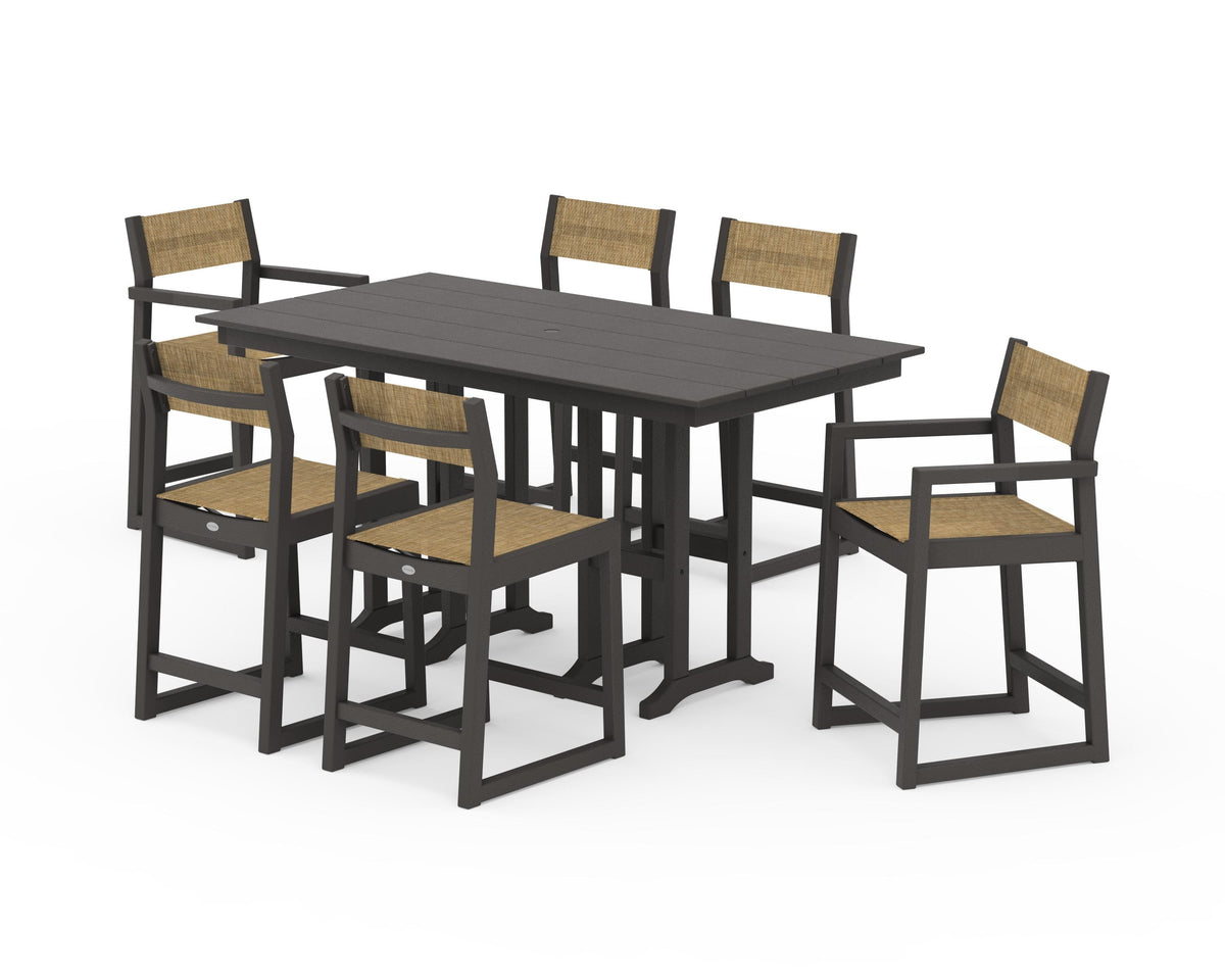 POLYWOOD EDGE Sling 7-Piece Farmhouse Counter Set with Trestle Legs in Vintage Coffee / Burlap