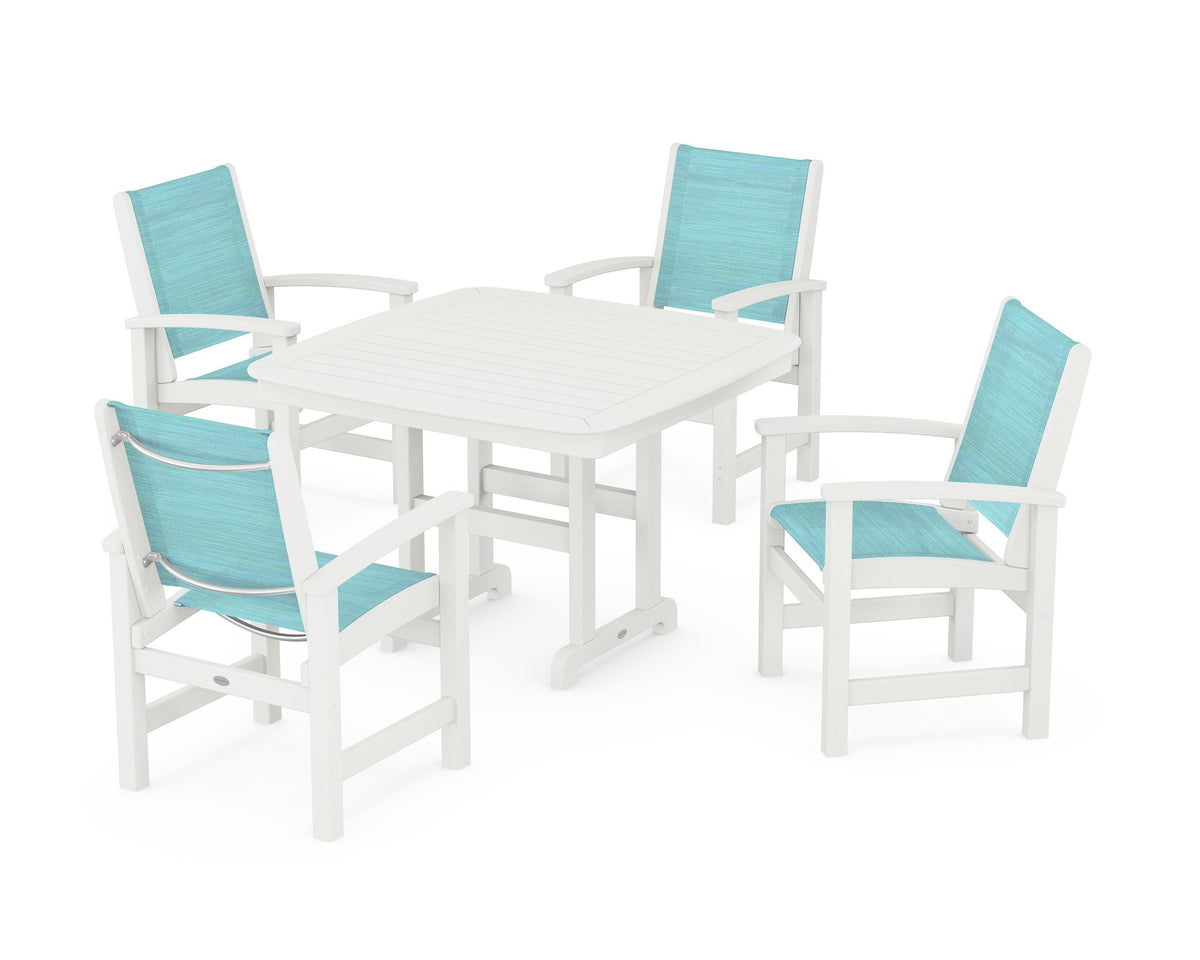POLYWOOD Coastal 5-Piece Dining Set with Nautical 44" Dining Table in Vintage White / Dupioni Aquamarine