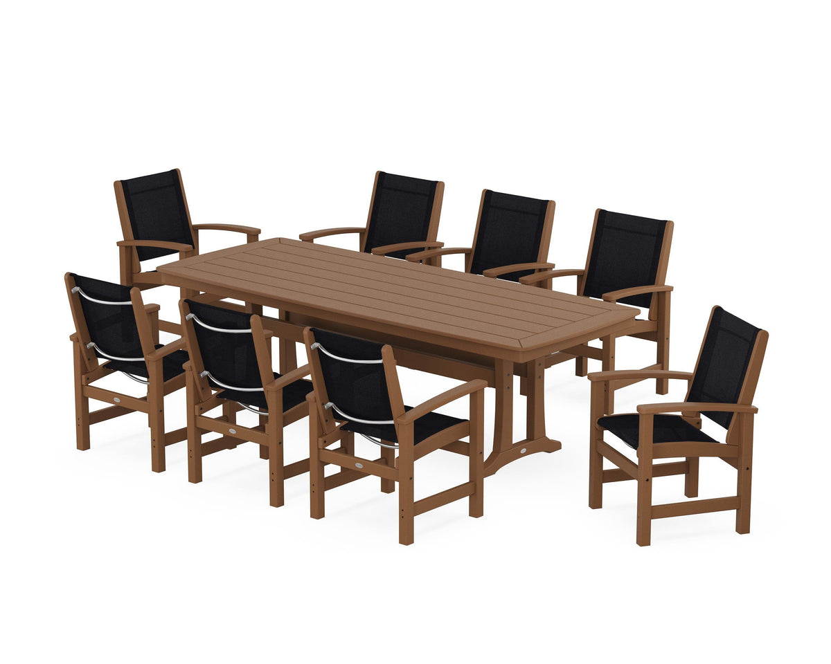 POLYWOOD Coastal 9-Piece Dining Set with Trestle Legs in Teak / Black