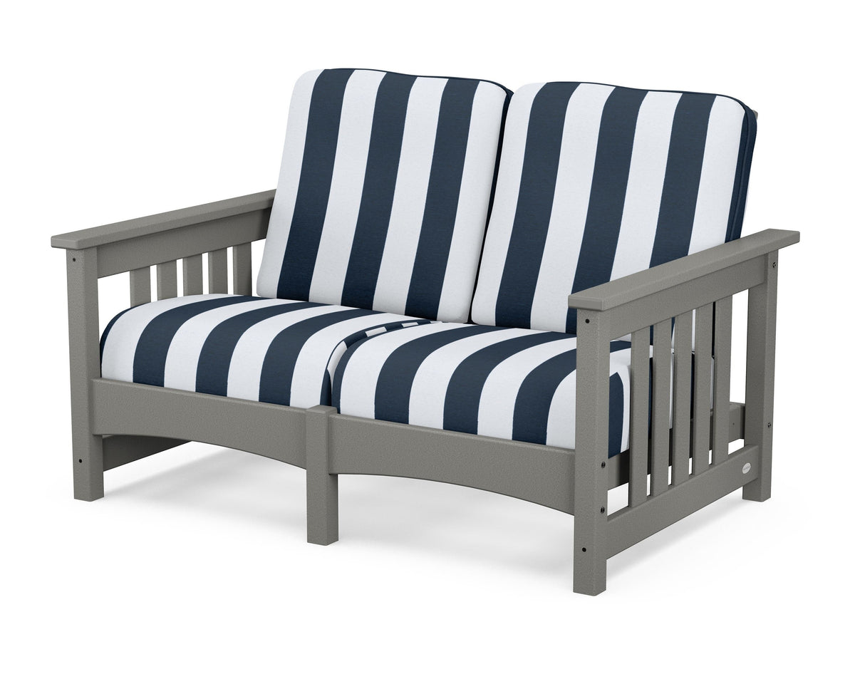 POLYWOOD Club Mission Loveseat in Slate Grey / Cabana Stripe Marine Indigo