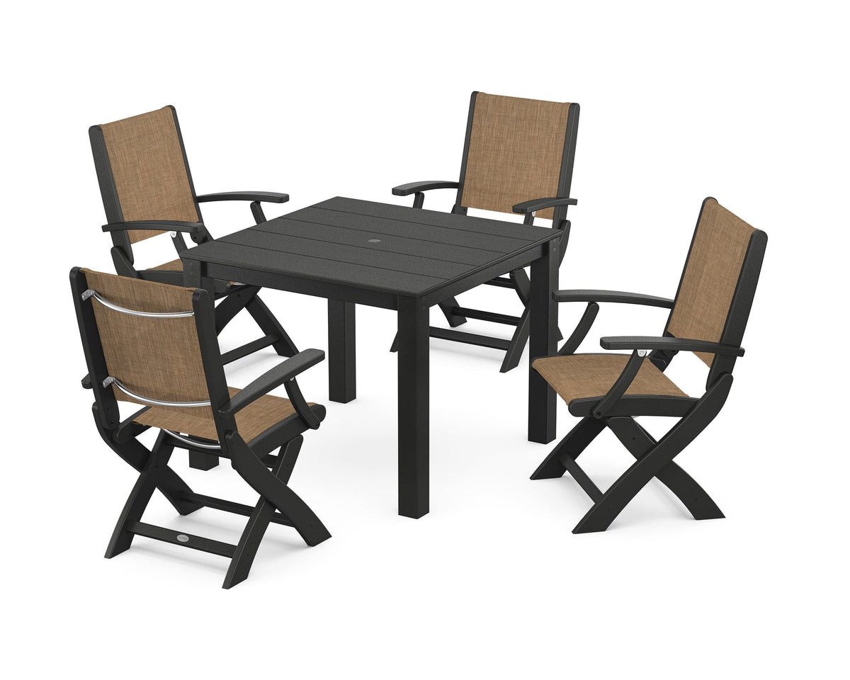 POLYWOOD Coastal Folding Chair 5-Piece Parsons Dining Set in Black / Burlap