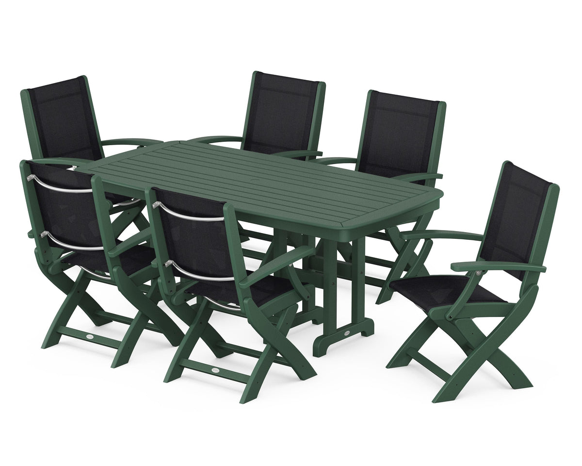 POLYWOOD Coastal Folding Arm Chair 7-Piece Dining Set in Green / Black