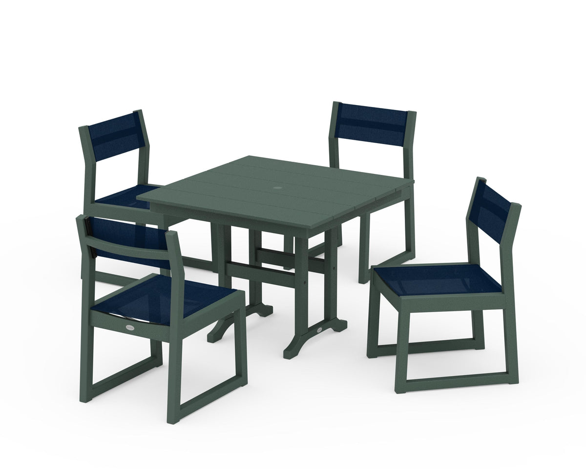 POLYWOOD EDGE Sling Side Chair 5-Piece Farmhouse Dining Set in Green / Navy Blue