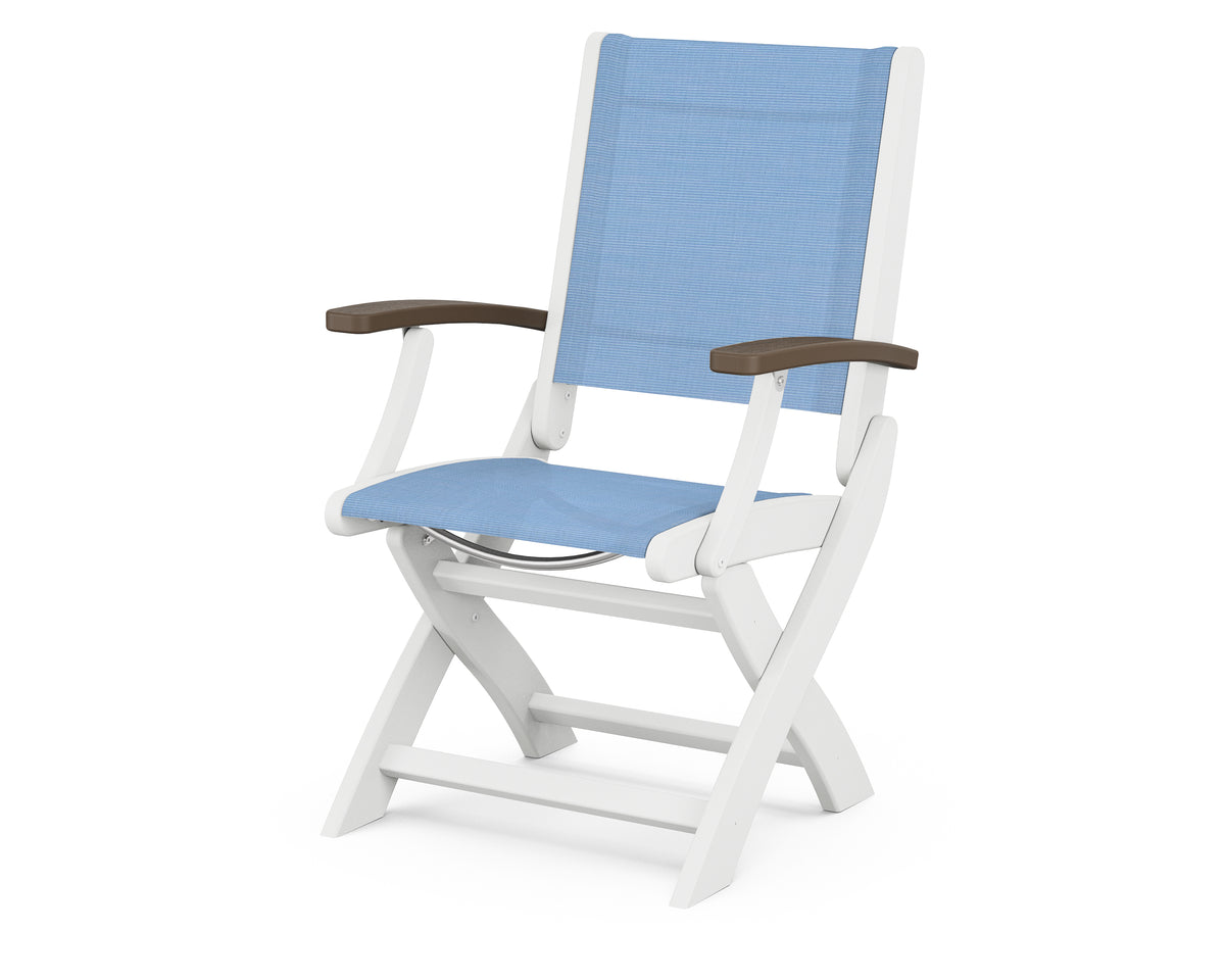 POLYWOOD Coastal Folding Chair in White with Kona arms and Poolside sling