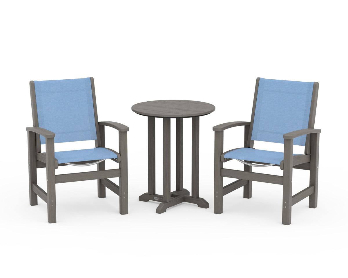 POLYWOOD Coastal 3-Piece Round Bistro Dining Set in Driftwood / Poolside