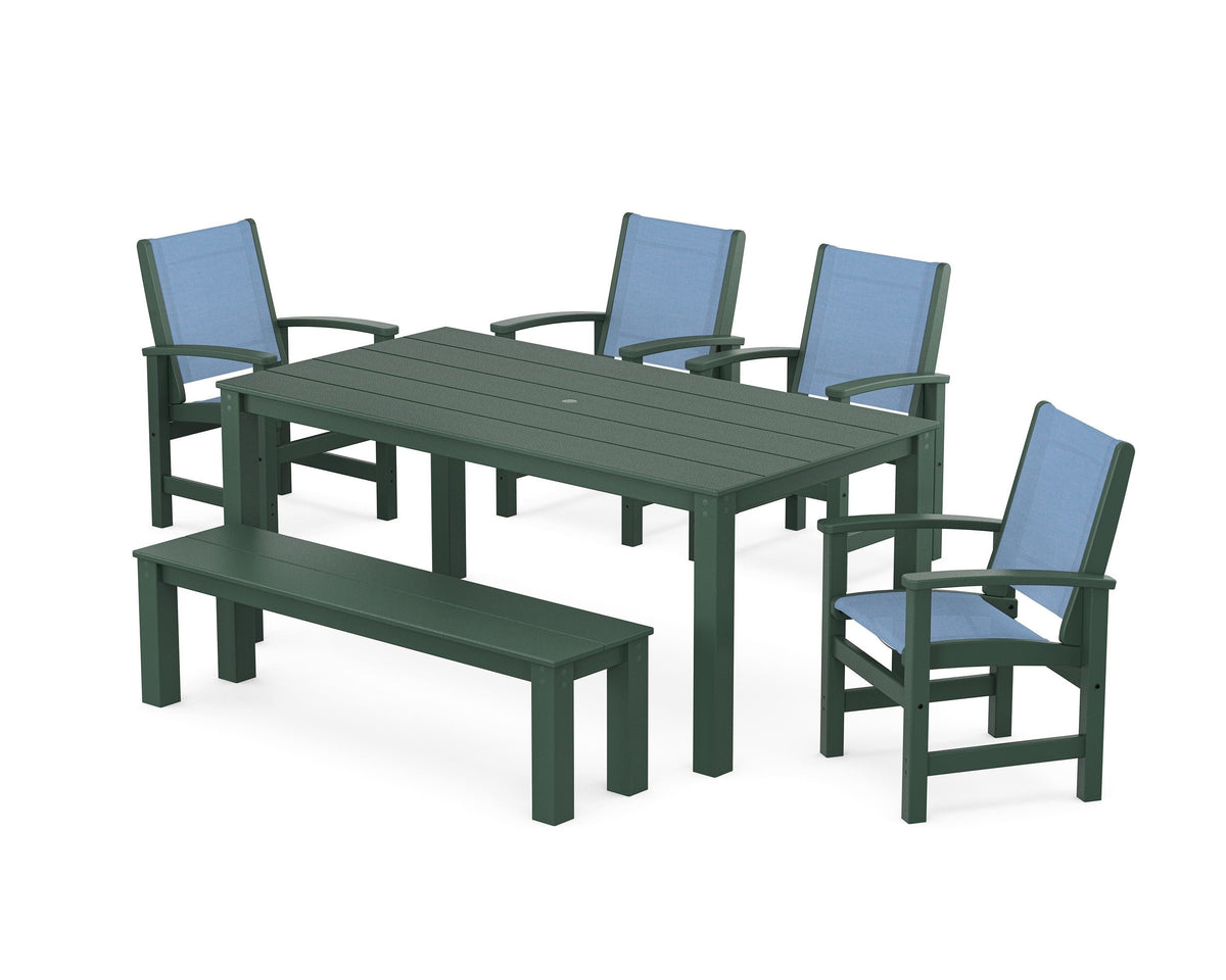 POLYWOOD Coastal 6-Piece Parsons Dining Set with Bench in Green / Poolside