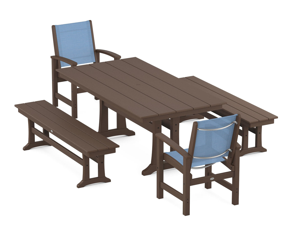 POLYWOOD Coastal 5-Piece Farmhouse Dining Set with Trestle Legs and Benches in Mahogany / Poolside