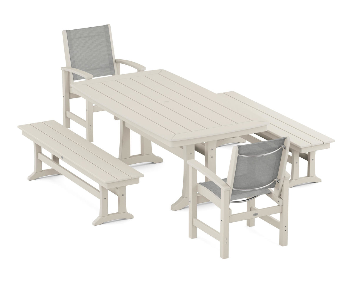POLYWOOD Coastal 5-Piece Dining Set with Trestle Legs and Benches in Sand / Metallic