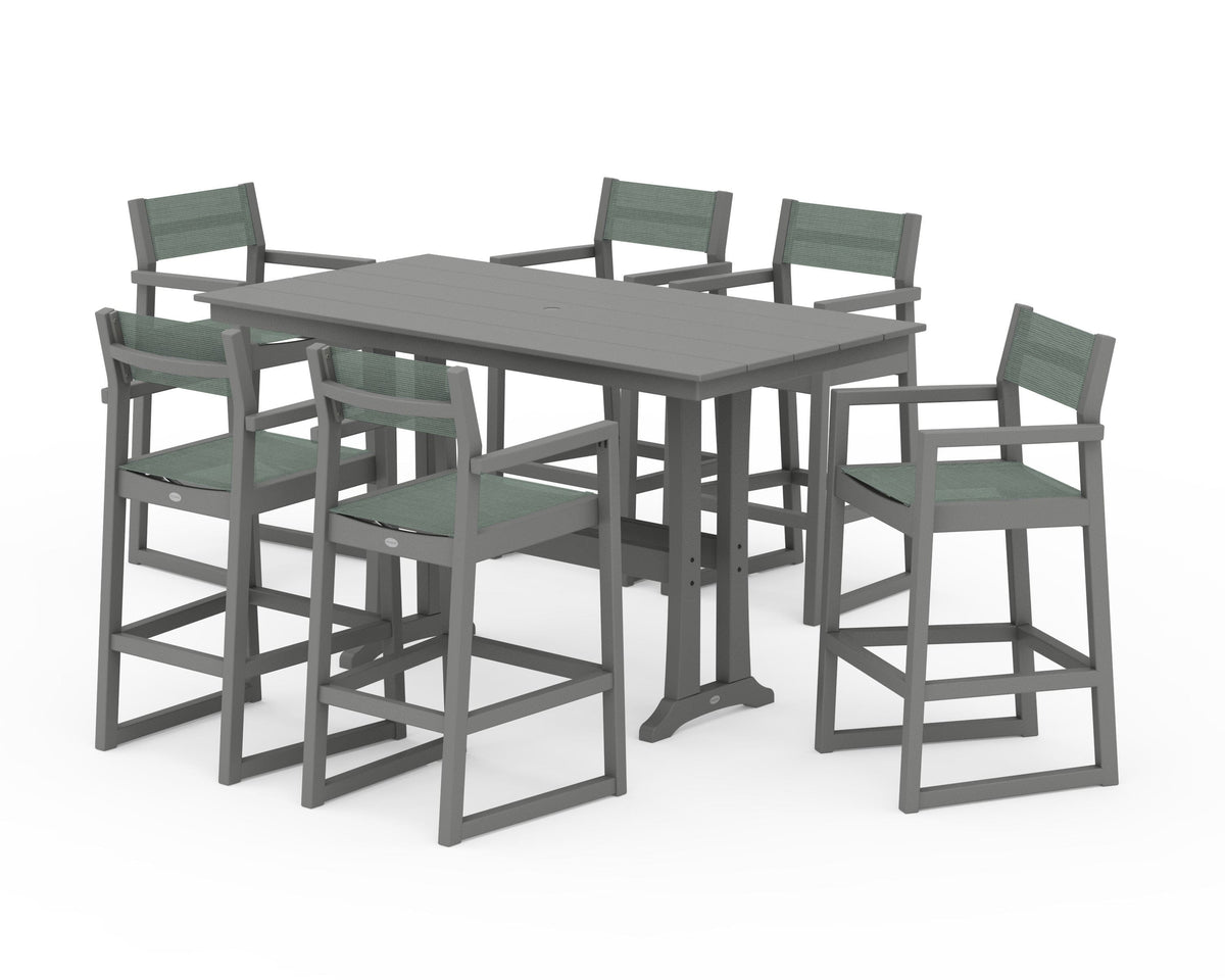 POLYWOOD EDGE Sling Arm Chair 7-Piece Farmhouse Bar Set with Trestle Legs in Slate Grey / Dupioni Sea Mist