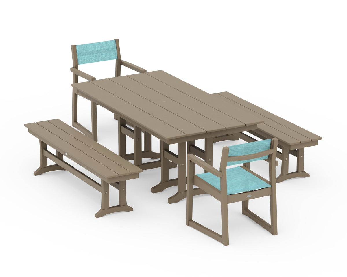 POLYWOOD EDGE Sling Arm Chair 5-Piece Farmhouse Dining Set with Benches in Vintage Sahara / Dupioni Aquamarine