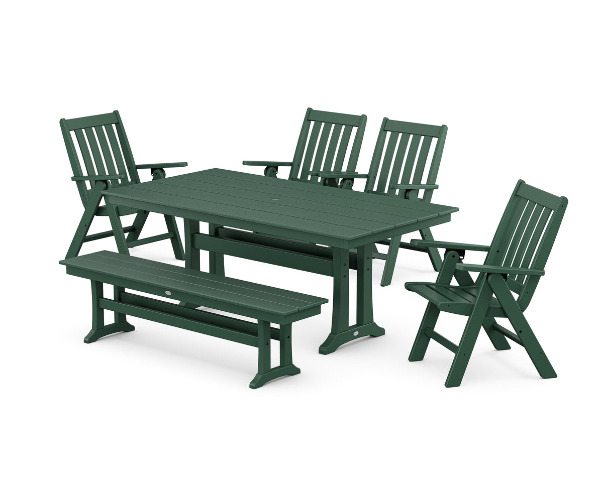 POLYWOOD Vineyard 6-Piece Folding Chair Farmhouse Dining Set with Trestle Legs and Bench in Green