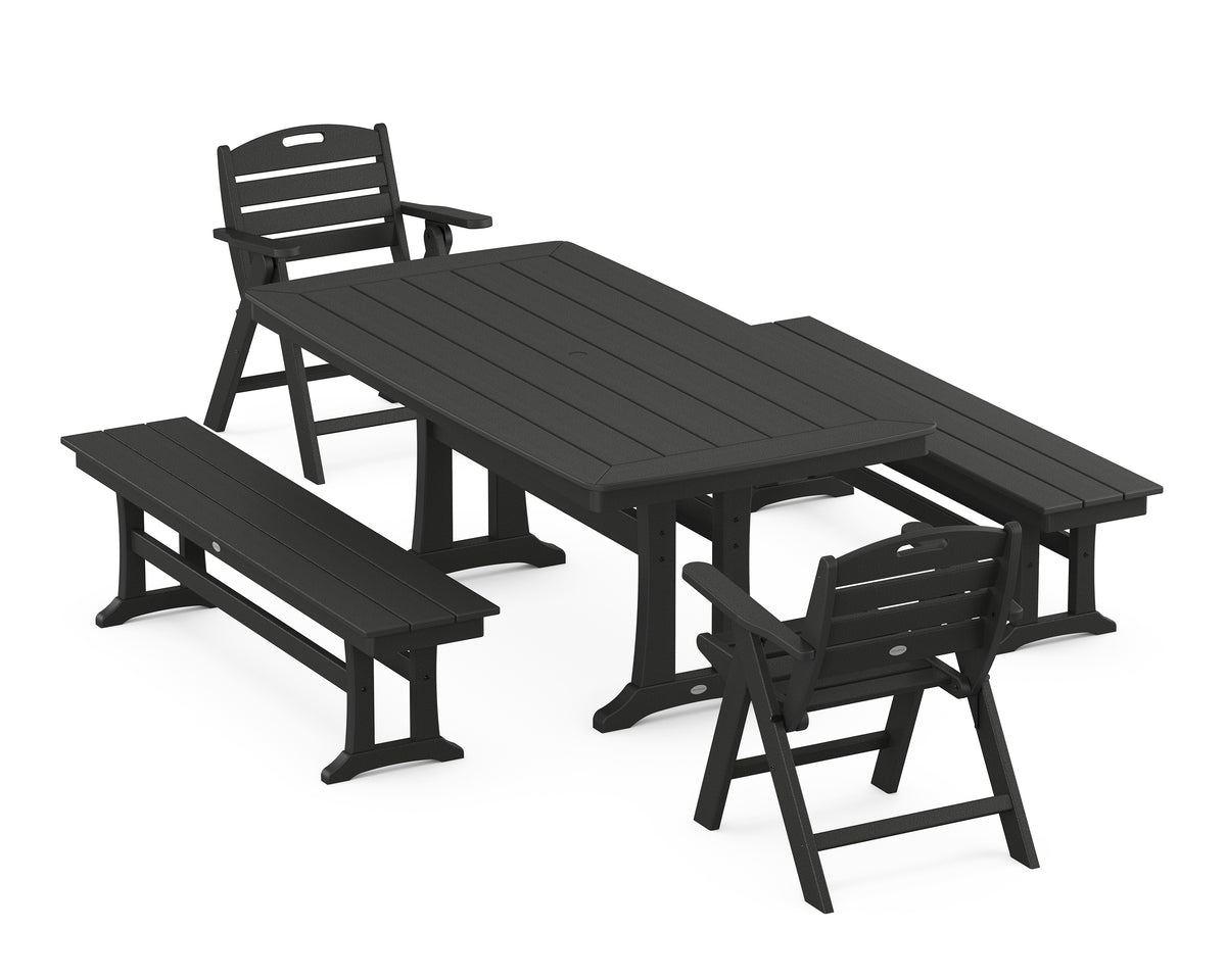 POLYWOOD Nautical Folding Lowback Chair 5-Piece Dining Set with Trestle Legs and Benches in Black