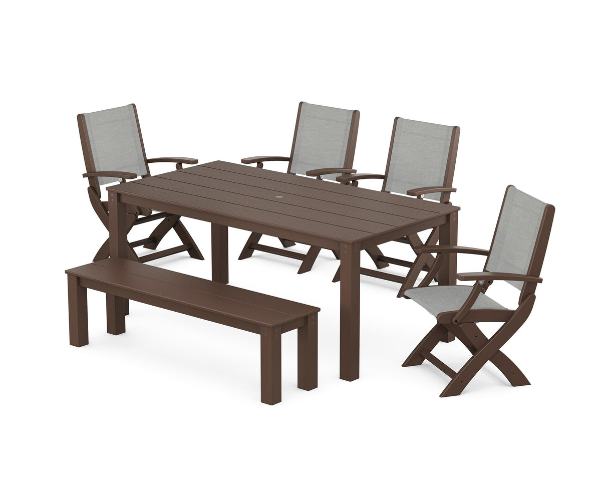 POLYWOOD Coastal Folding Chair 6-Piece Parsons Dining Set with Bench in Mahogany / Metallic