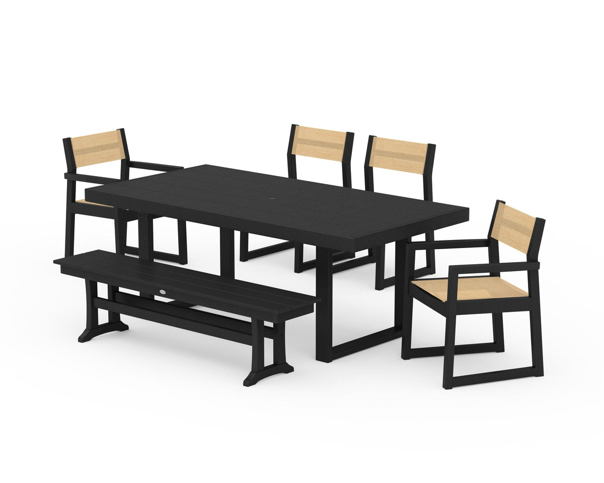 POLYWOOD EDGE Sling 6-Piece Dining Set with Bench in Black / Dupioni Apricot