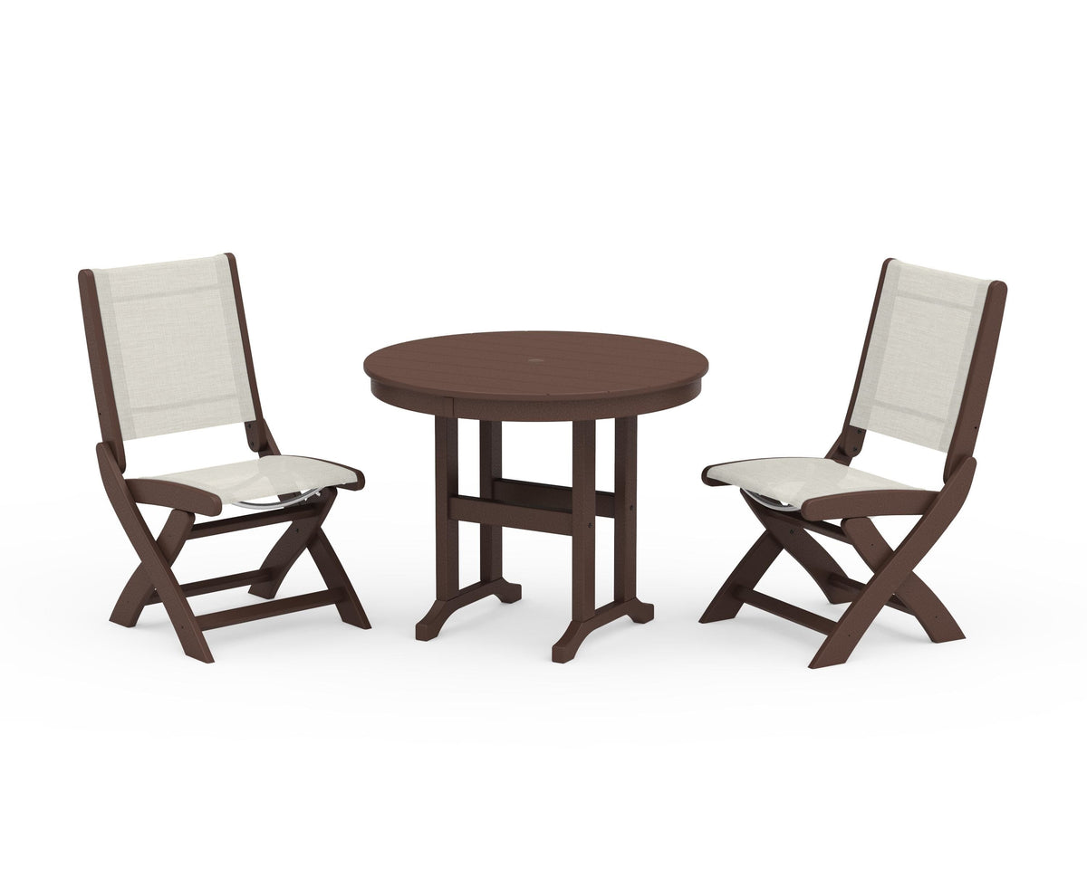 POLYWOOD Coastal Folding Side Chair 3-Piece Round Dining Set in Mahogany / Parchment