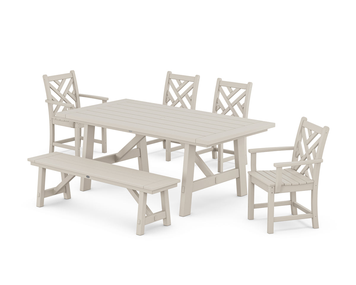 POLYWOOD Chippendale 6-Piece Rustic Farmhouse Dining Set with Bench in Sand