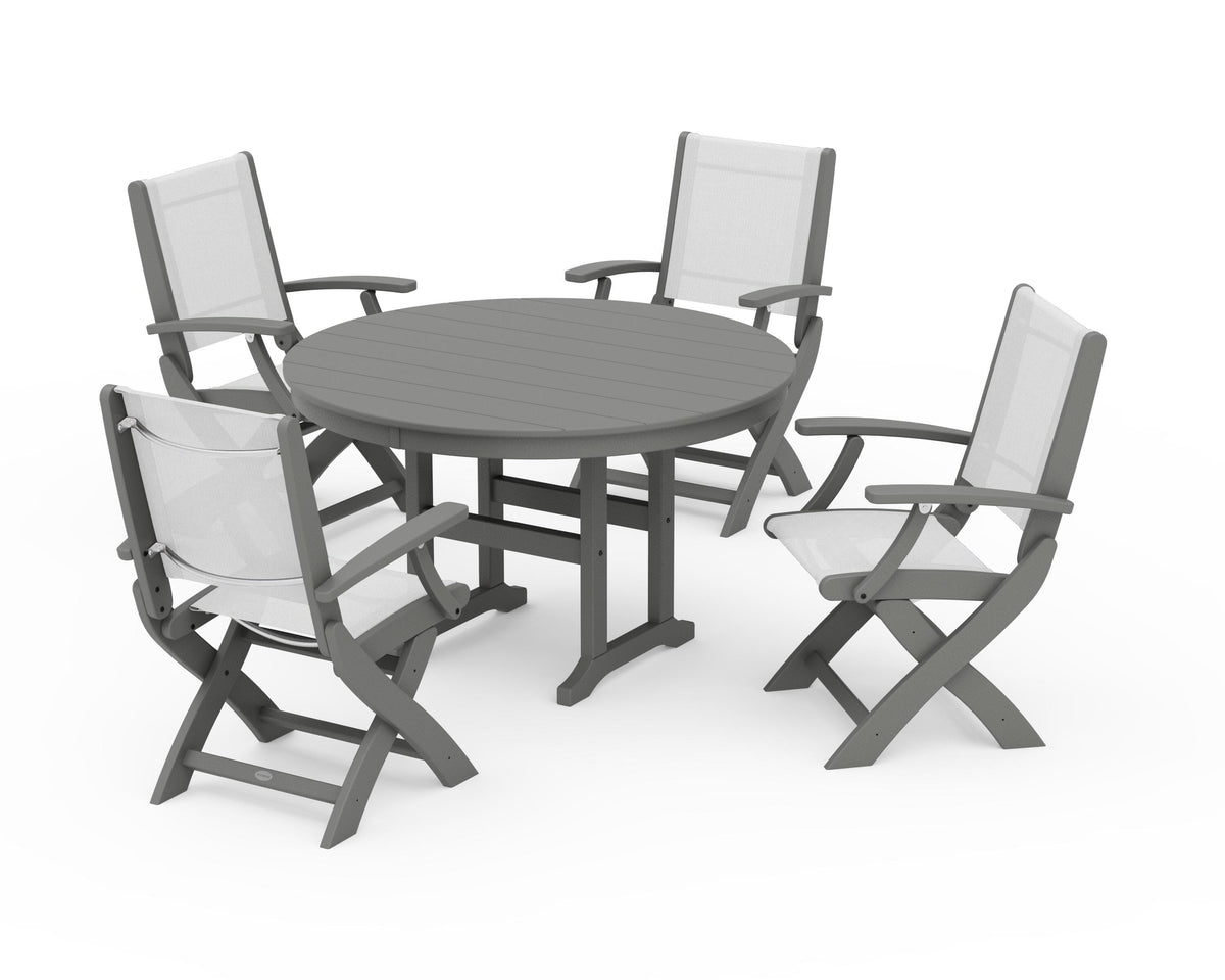 POLYWOOD Coastal Folding Chair 5-Piece Round Dining Set in Slate Grey / White