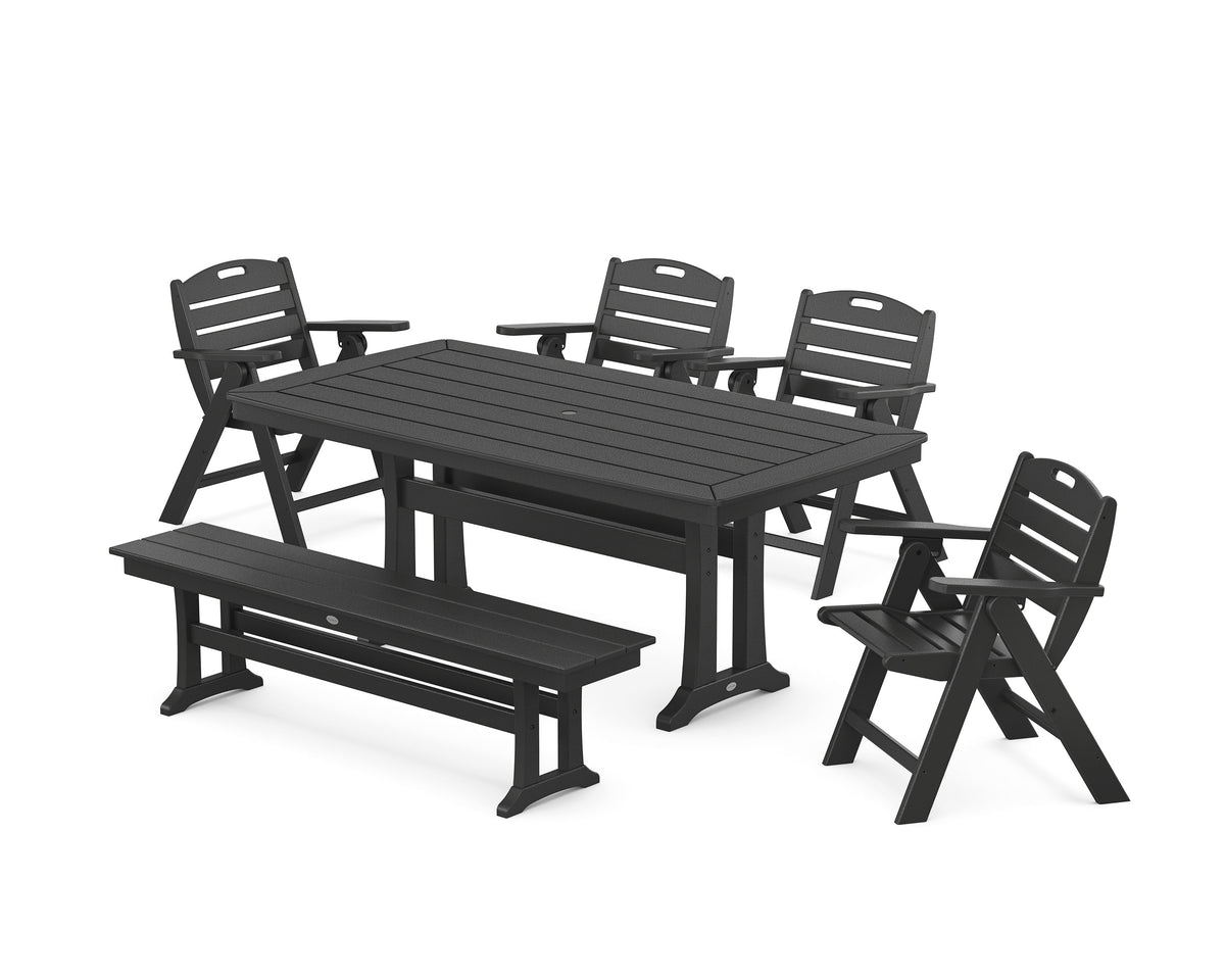 POLYWOOD Nautical Lowback 6-Piece Dining Set with Trestle Legs and Bench in Black