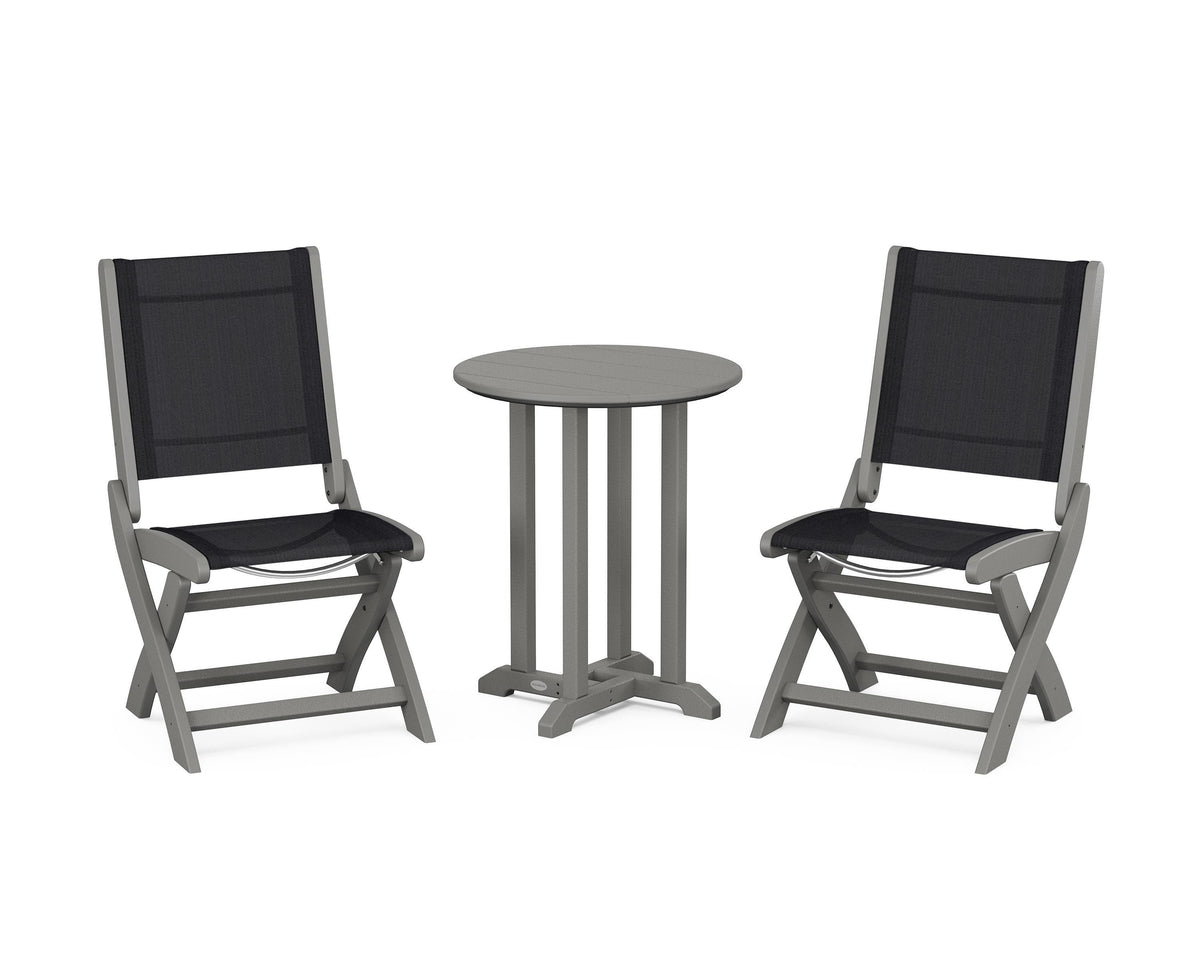 POLYWOOD Coastal Folding Side Chair 3-Piece Round Bistro Dining Set in Slate Grey / Black