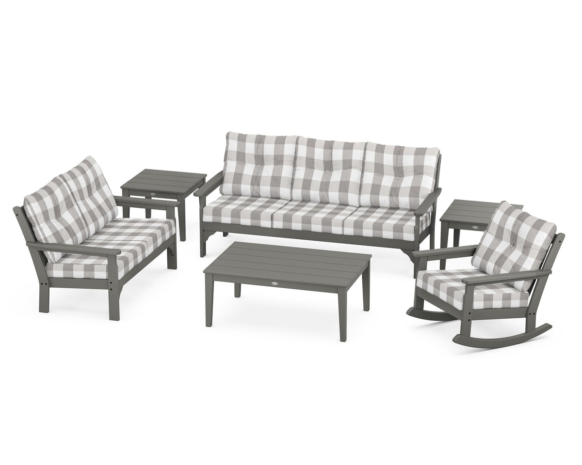 POLYWOOD Vineyard 6-Piece Deep Seating Set with Rocking Chair in Slate Grey / Buffalo Plaid Grey Mist