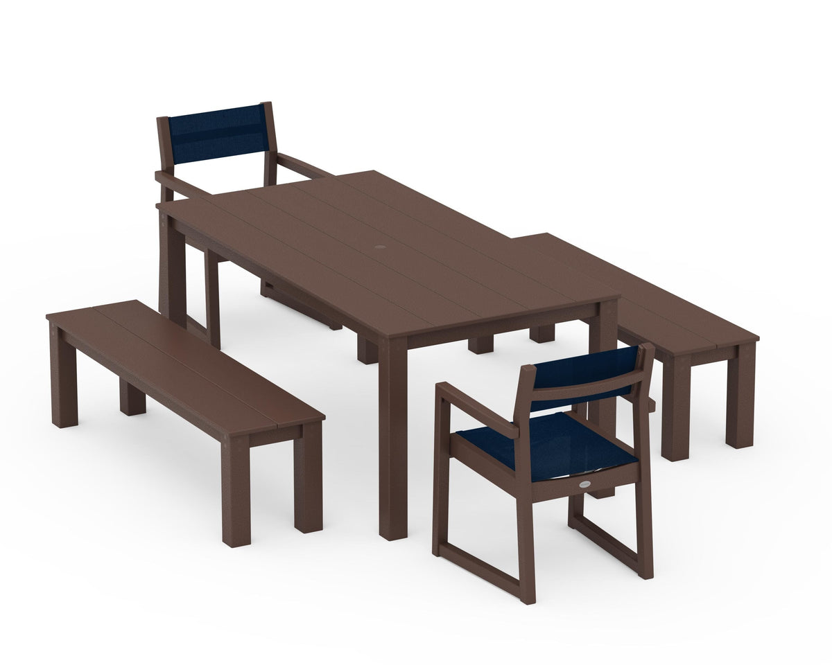 POLYWOOD EDGE Sling Arm Chair 5-Piece Parsons Dining Set with Benches in Mahogany / Navy Blue