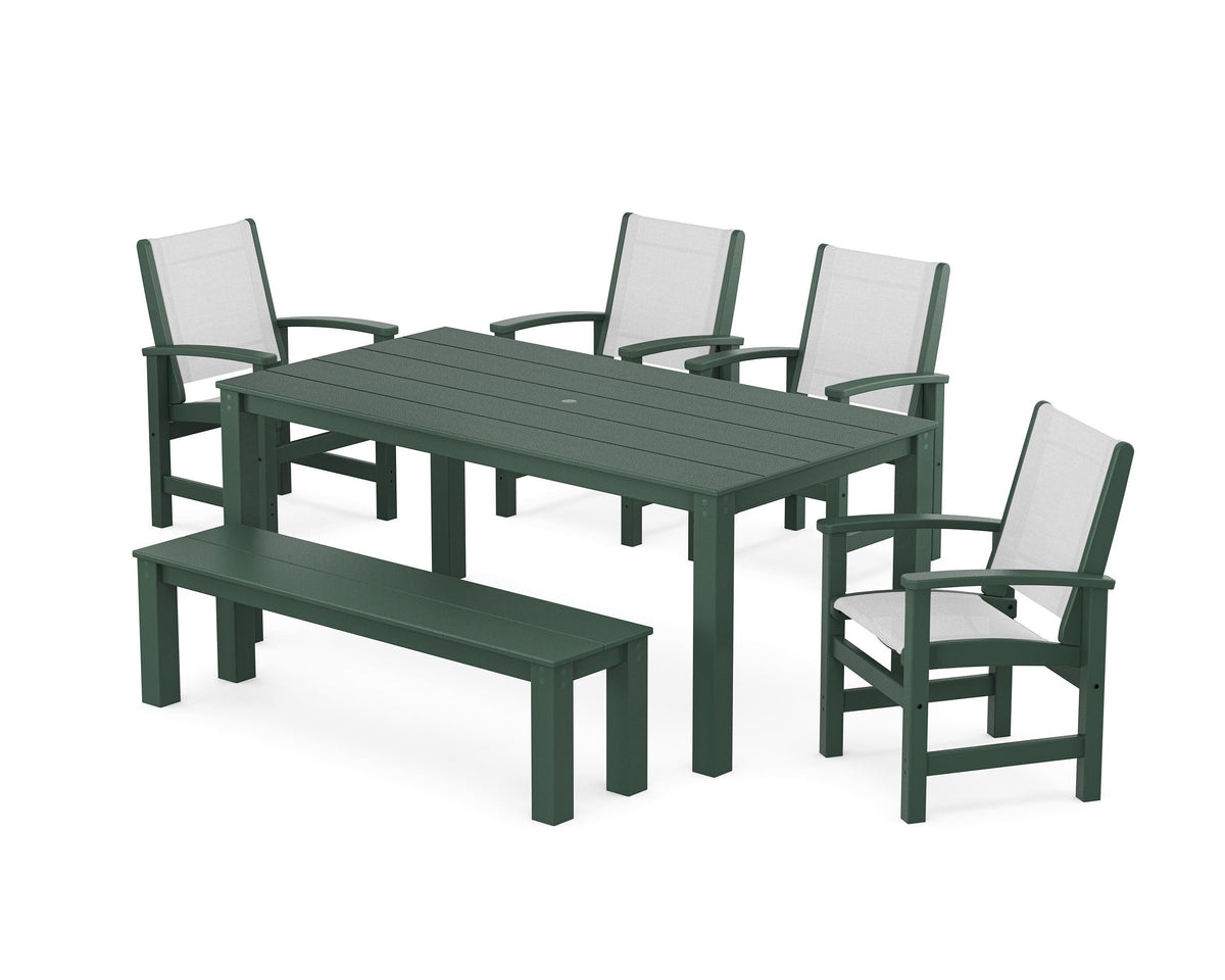 POLYWOOD Coastal 6-Piece Parsons Dining Set with Bench in Green / White