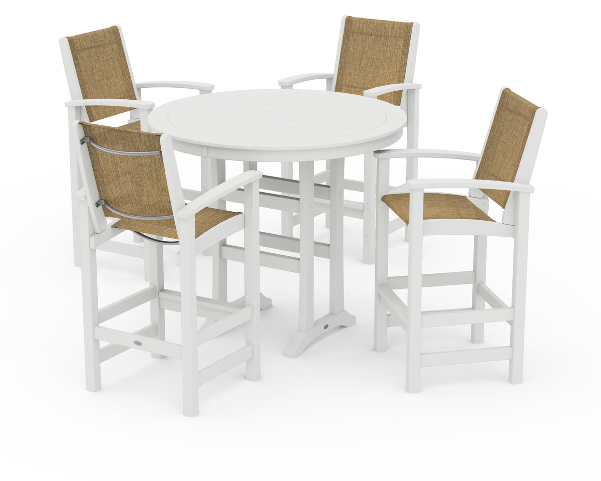 POLYWOOD Coastal 5-Piece Nautical Trestle Bar Set in Vintage White / Burlap