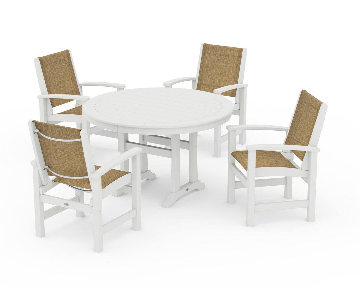 POLYWOOD Coastal 5-Piece Round Dining Set with Trestle Legs in Vintage White / Burlap