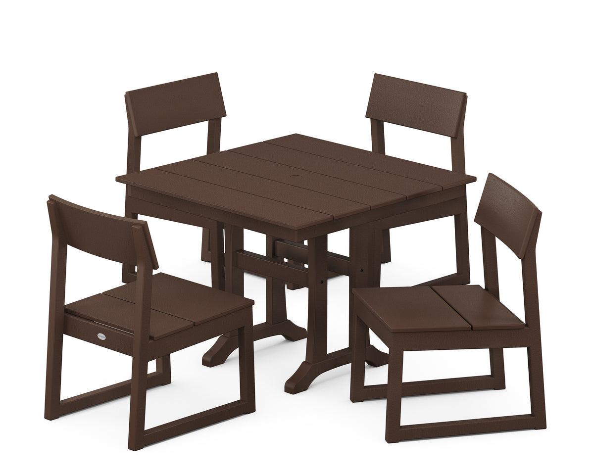 POLYWOOD EDGE 5-Piece Farmhouse Trestle Side Chair Dining Set in Mahogany