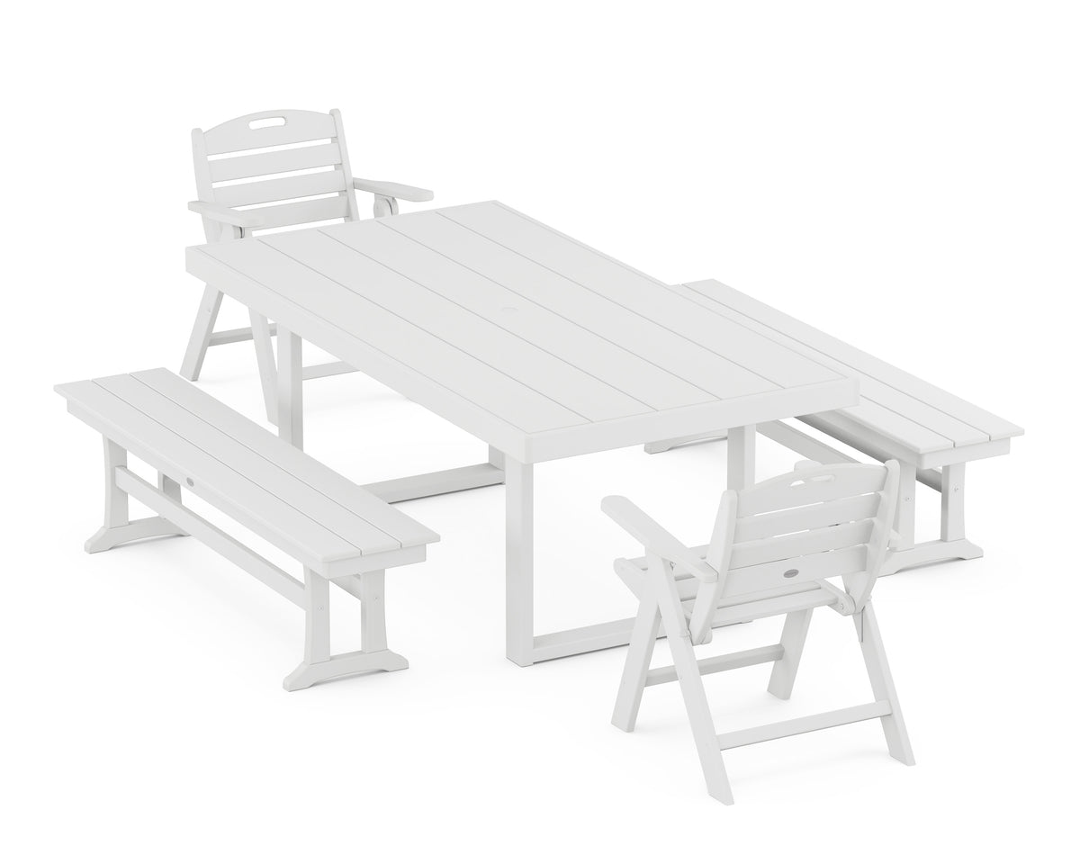 POLYWOOD Nautical Lowback 5-Piece Dining Set with Benches - 39" x 78" Table in White