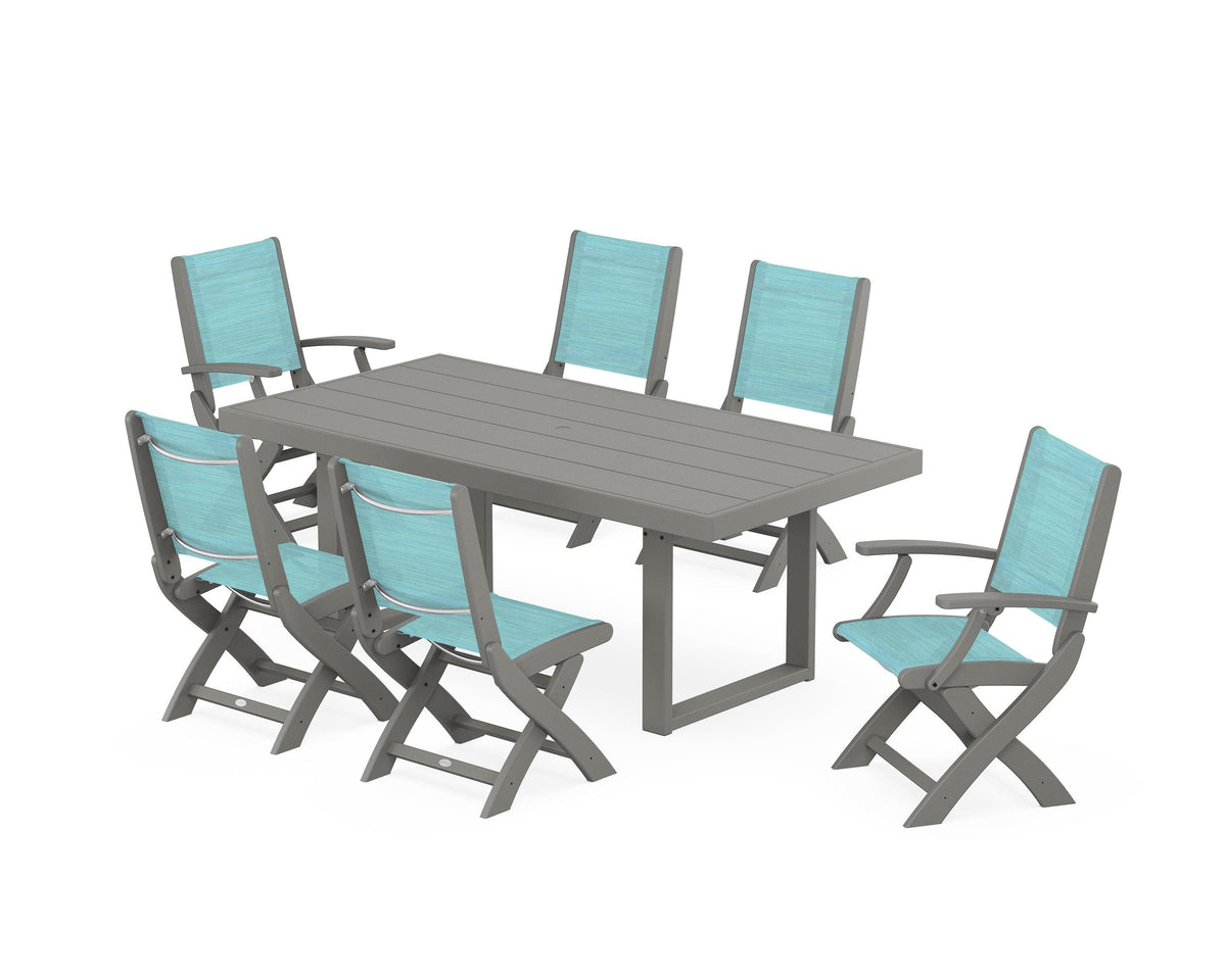 POLYWOOD Coastal Folding Chair 7-Piece Dining Set with Trestle Legs with EDGE 40" x 78" Dining Table in Slate Grey / Dupioni Aquamarine