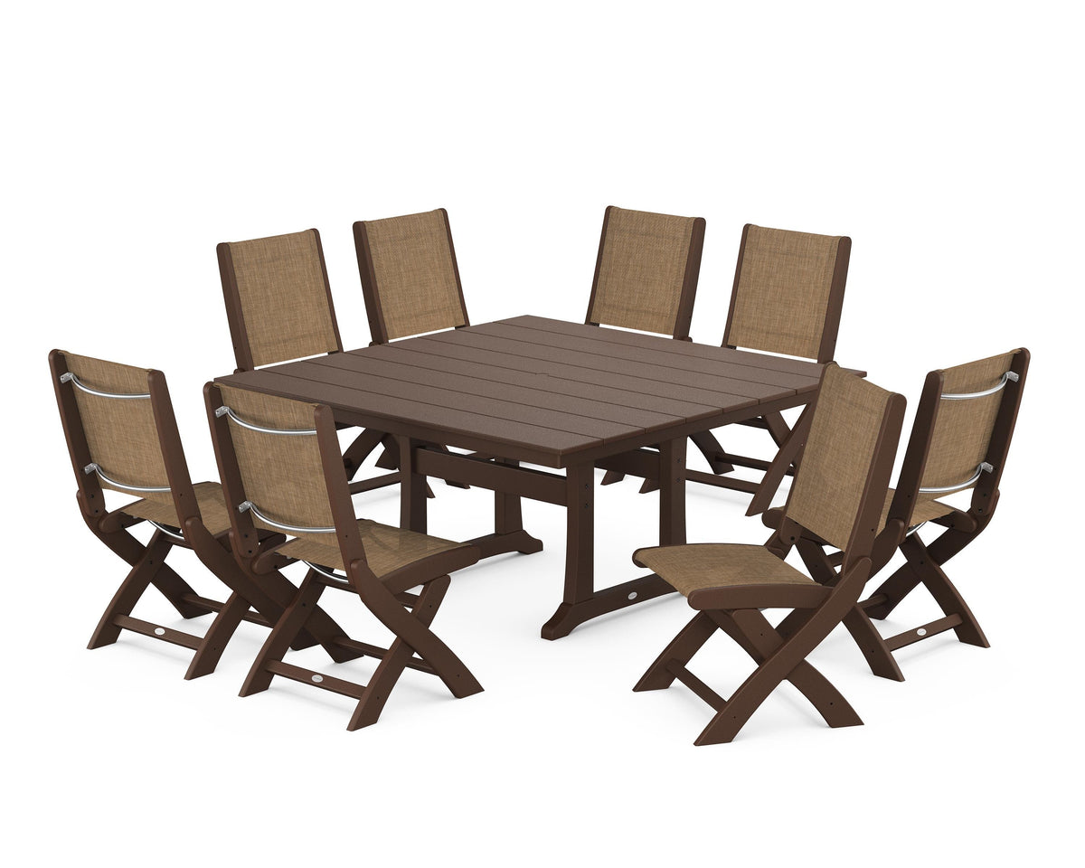 POLYWOOD Coastal Folding Side Chair 9-Piece Farmhouse Dining Set in Mahogany / Burlap
