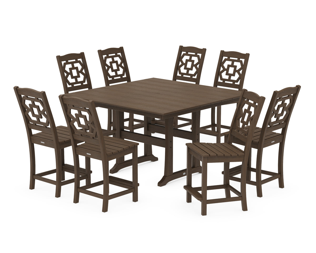 POLYWOOD Chinoiserie 9-Piece Square Farmhouse Side Chair Counter Set with Trestle Legs in Kona