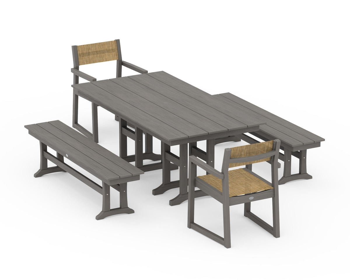 POLYWOOD EDGE Sling Arm Chair 5-Piece Farmhouse Dining Set with Benches in Driftwood / Burlap