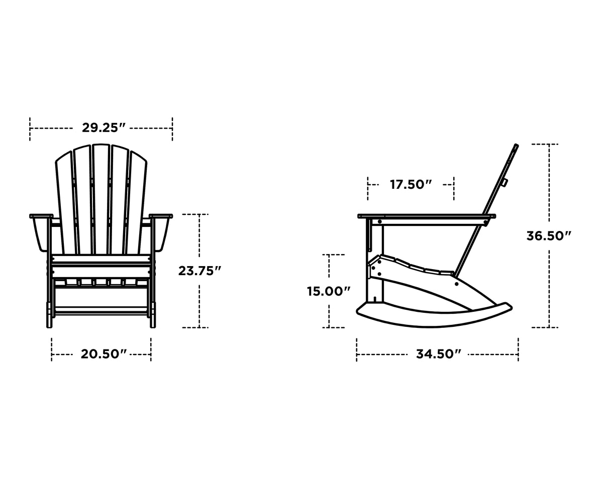 POLYWOOD Nautical Adirondack Rocking Chair dimension drawing with width, depth and height measurements
