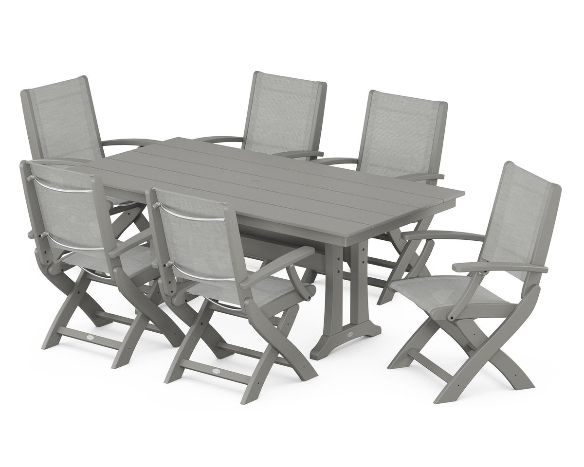 POLYWOOD Coastal Folding Arm Chair 7-Piece Farmhouse Dining Set with Trestle Legs in Slate Grey / Metallic