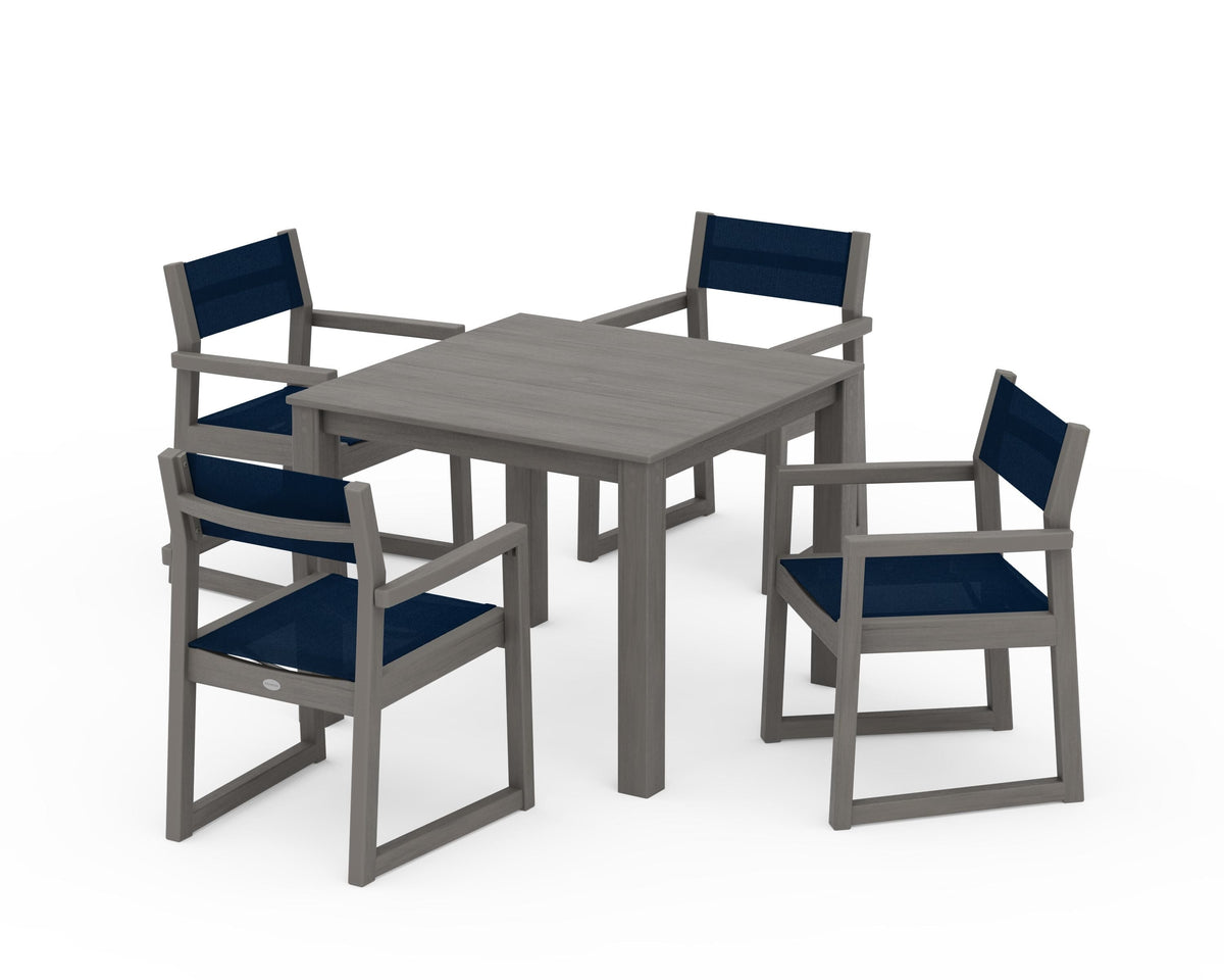 POLYWOOD EDGE Sling Arm Chair 5-Piece Parsons Dining Set in Driftwood / Navy Blue