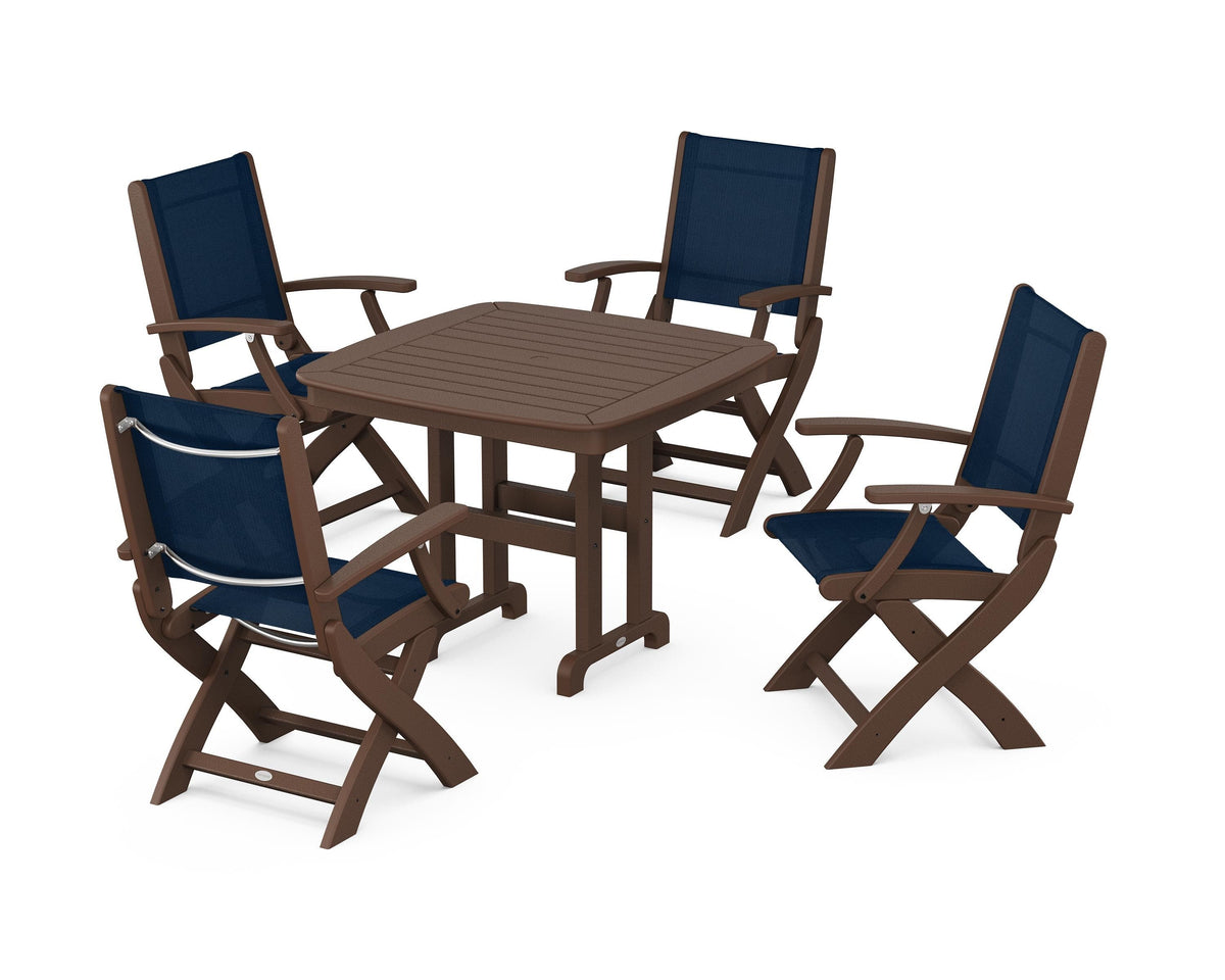 POLYWOOD Coastal Folding Chair 5-Piece Dining Set with Nautical 37" Dining Table in Mahogany / Navy Blue