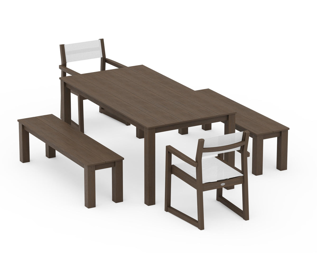 POLYWOOD EDGE Sling Arm Chair 5-Piece Parsons Dining Set with Benches in Kona / White