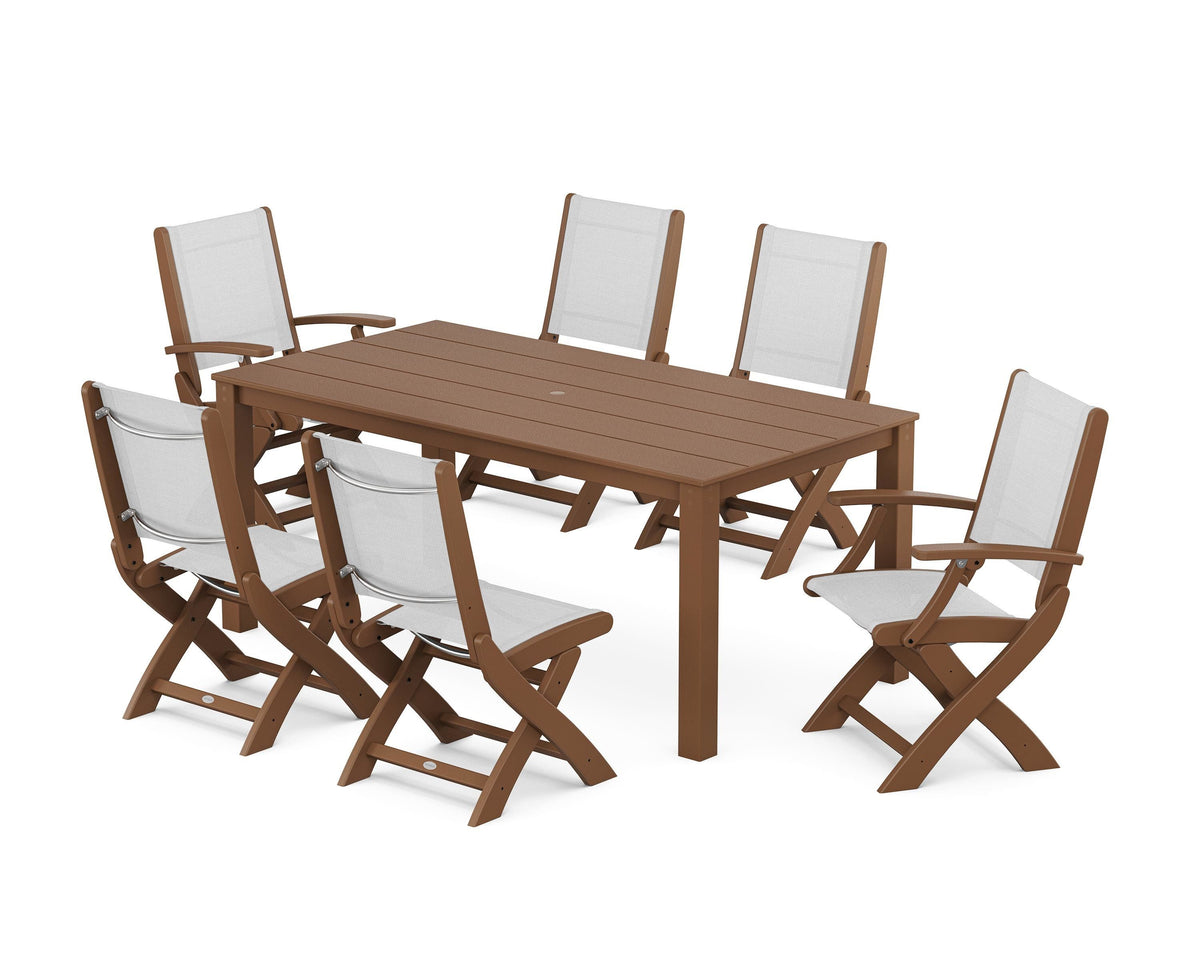POLYWOOD Coastal Folding Chair 7-Piece Parsons Dining Set with Coastal Folding Side Chair in Teak / White
