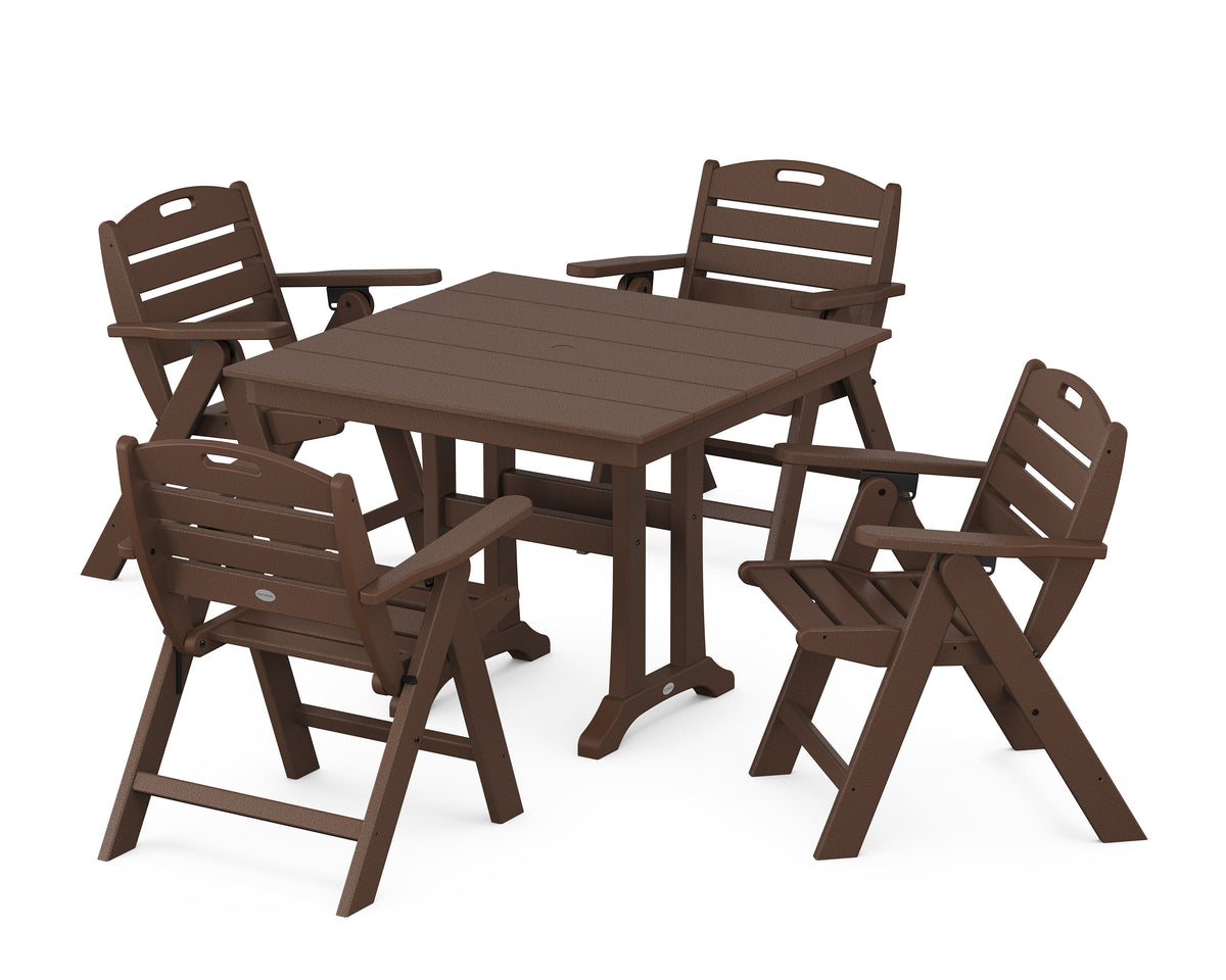 POLYWOOD Nautical Folding Lowback Chair 5-Piece Farmhouse Dining Set with Trestle Legs - 37" Table in Mahogany