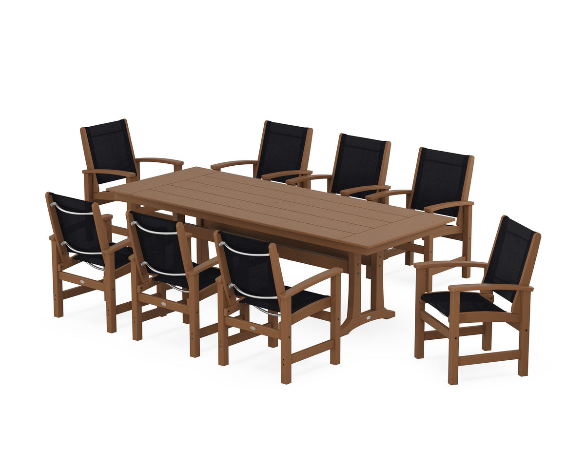 POLYWOOD Coastal 9-Piece Farmhouse Dining Set with Trestle Legs in Teak / Black